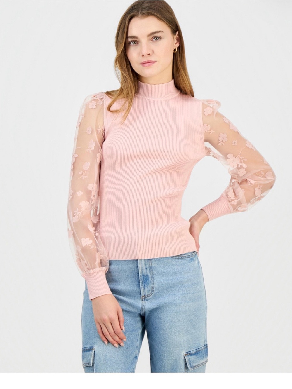 Madden Girl Pink Mock Neck Ribbed Top with Sheer Floral Puff Sleeves